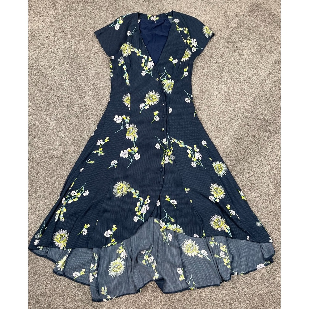 Free People Dress Womens XS Blue Floral Hi Low Button Down Midi Cottage Prairie